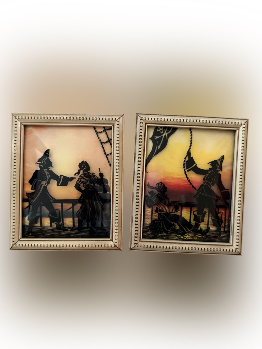 Vintage Silhouette Reverse Paint Convex Bubble Glass Nautical Theme Set of 2